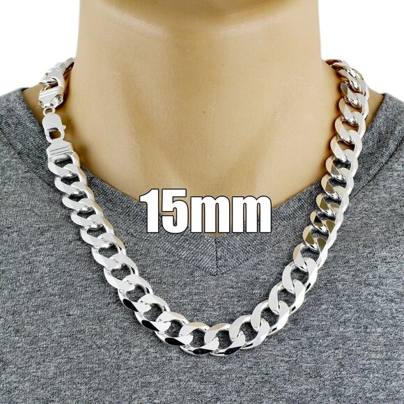 STERLING SILVER CUBAN CURB CHAIN NECKLACE 15MM (GAUGE 400)AVAILABLE IN 3 LENGTHS - Picture 1 of 1